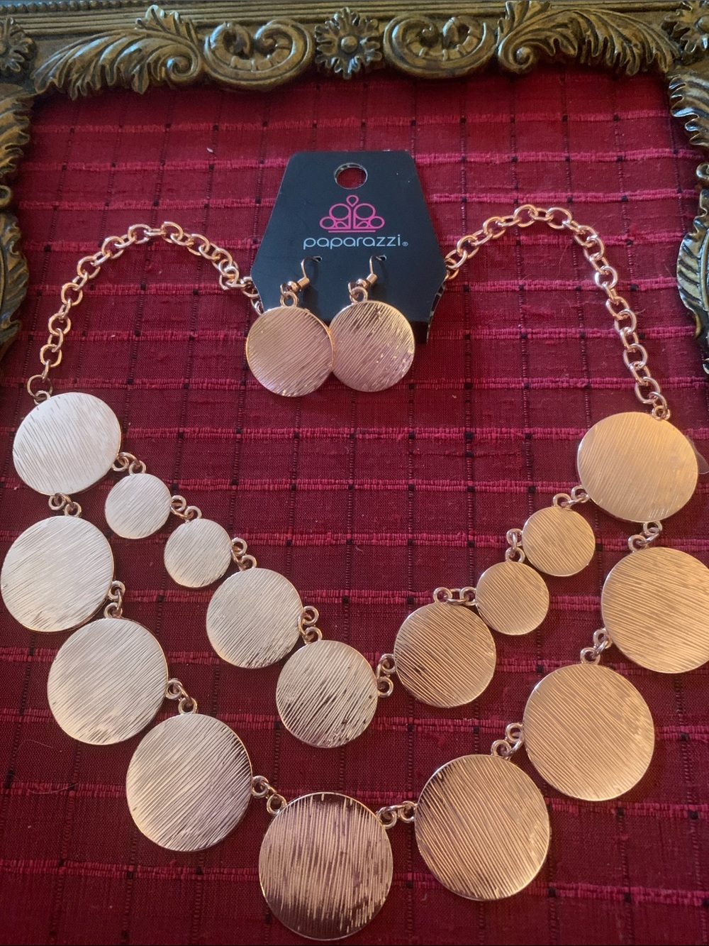 paparazzi Rose Gold Brushed Disc Layered Necklace with Matching Earrings